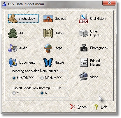 CSV import menu